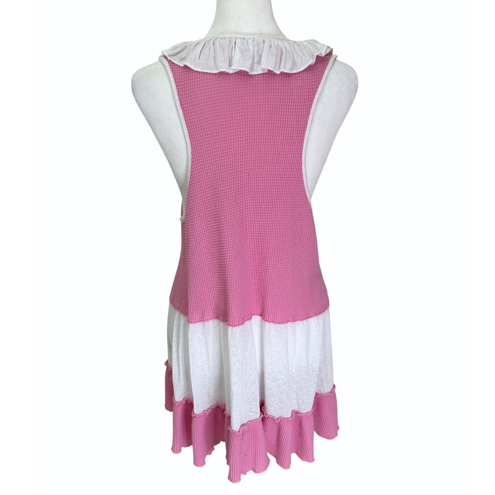 POL Waffle Knit Tank Top Women Medium Pink White Ruffle Tiered Boho FKT554 - Picture 3 of 11